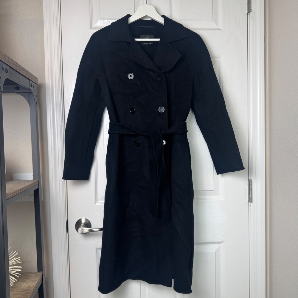 Weekend Max Mara Cucito a Mano Double Breasted Belted Coat 4 Slim‎ Black Wool